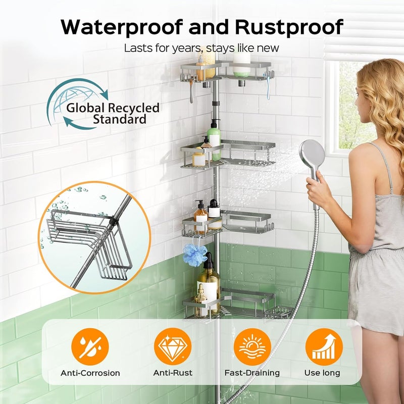HAMITOR Shower Caddy Tension Pole: 4-Tier Corner Rustproof Bathroom Organizer with Soap Holder - No-Drill Adjustable Shower Shelf for Renters - Small Space Storage Rack for Apartment - 47-123 Inch - Image 2